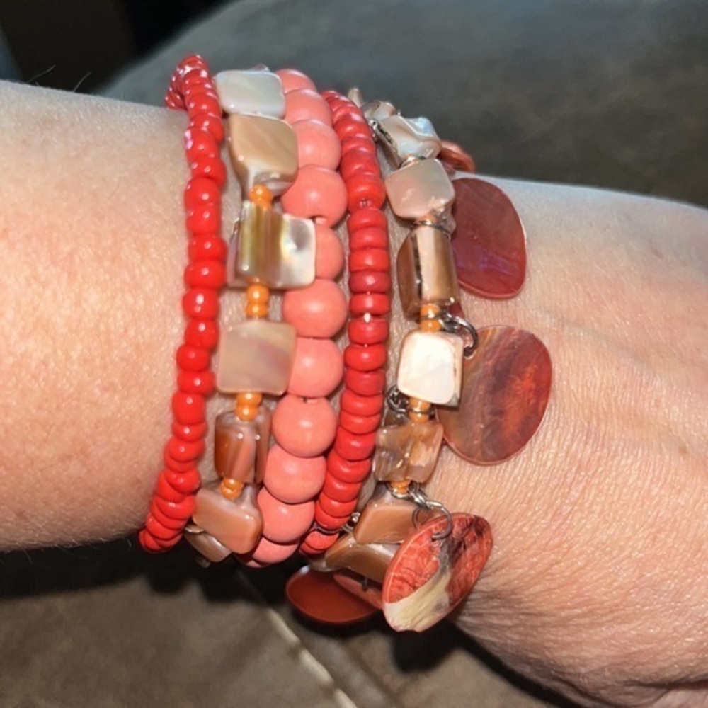 Coral stone and beaded multi strand bracelet